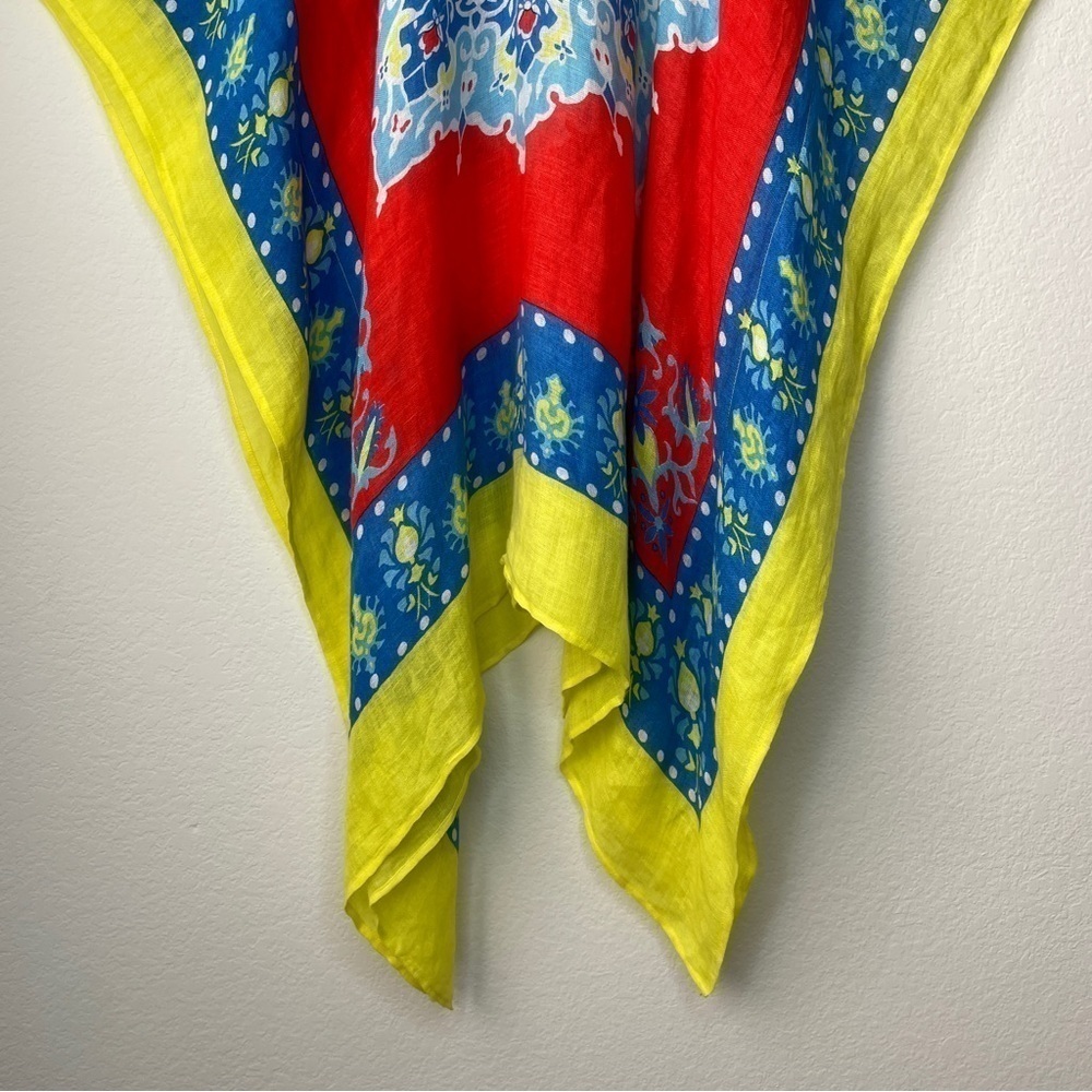 J. McLaughlin Yellow Blue Red Linen Blend Beach Cover Up Tunic Popover Kaftan - Picture 7 of 11